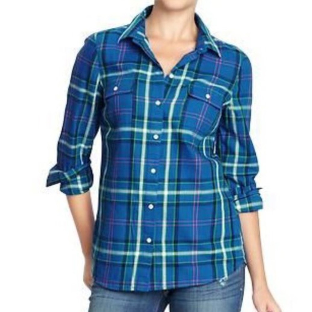 Old Navy Blue Multi Plaid Flannel Button Down Shirt - Sz Large